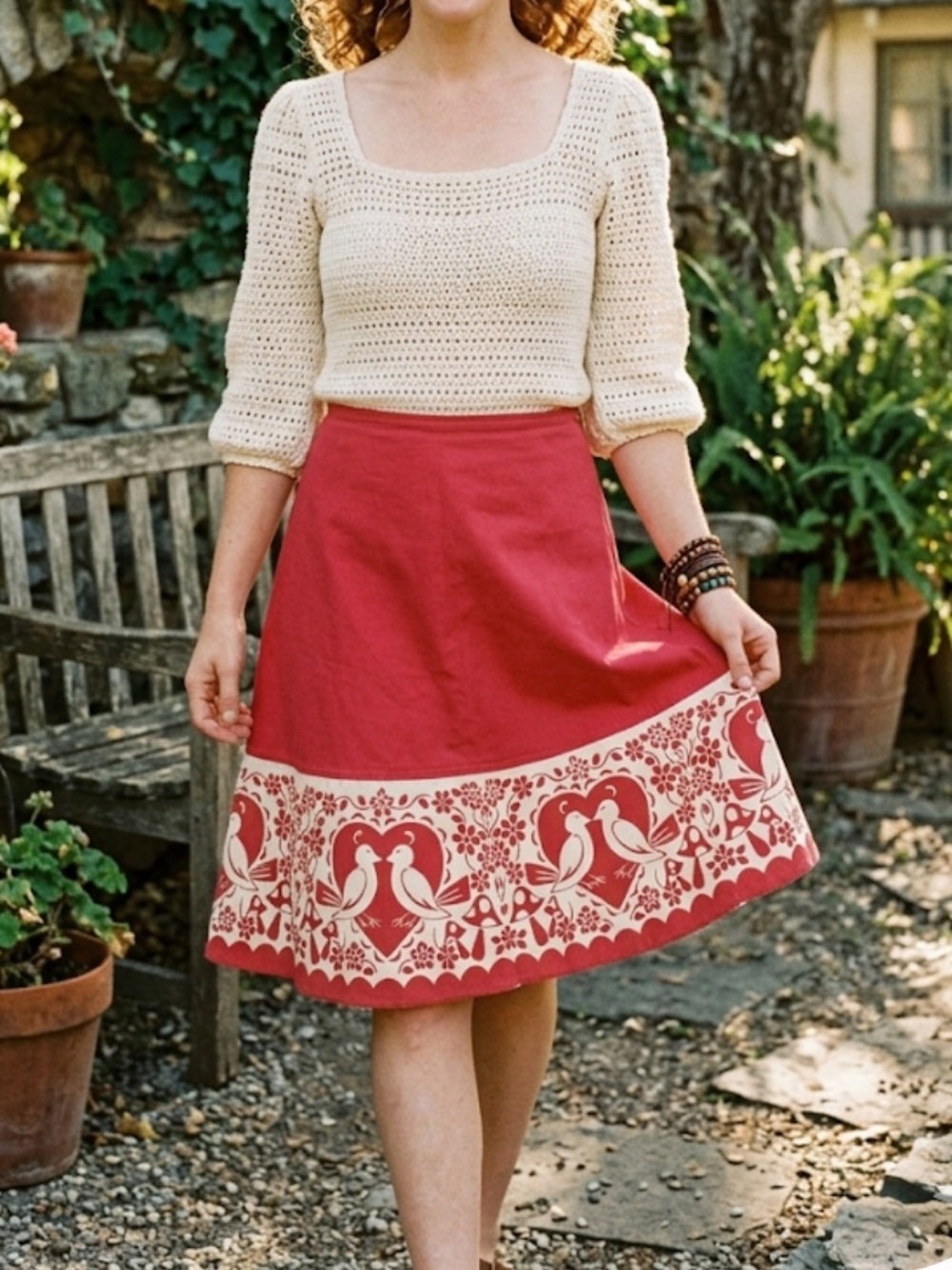 Made with Love by Hannah Folk Art Birds & Mushrooms Skirt Red 1XL Cottagecore